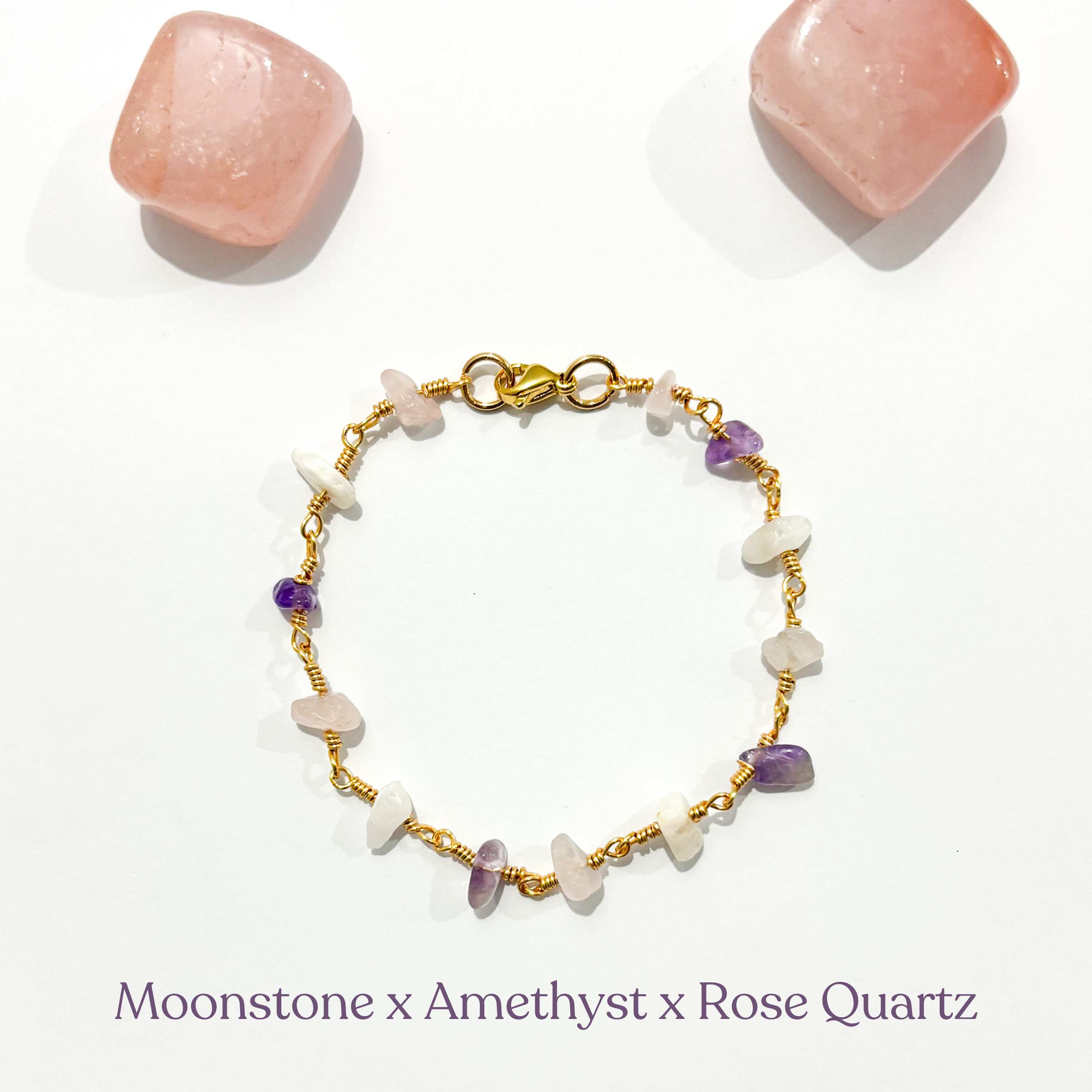 Rose Quartz x Amethyst x Rainbow Moonstone Handmade Bracelet