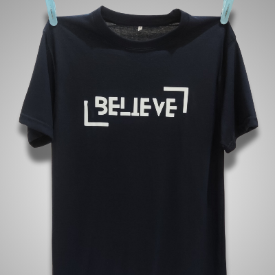 “Believe” in navy blue