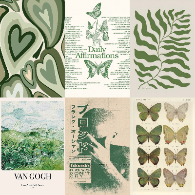 Set of 12 Green Aesthetic Wall Posters/ A5 Size