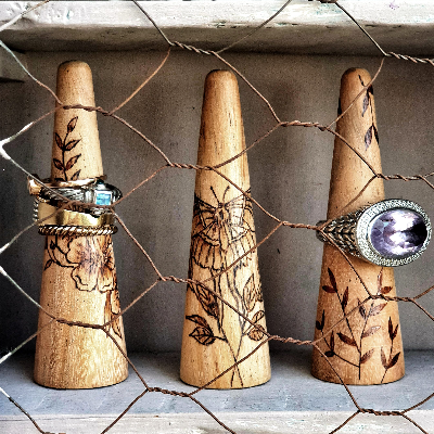 Wood burned ring holders