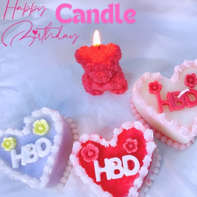 Heart shaped cake candle with HBD text and 1 teady bear candle free