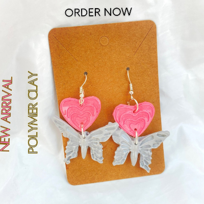 Heart with butterfly handmade polymer clay earrings