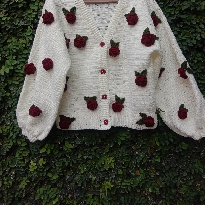 off white cardigan with red roses