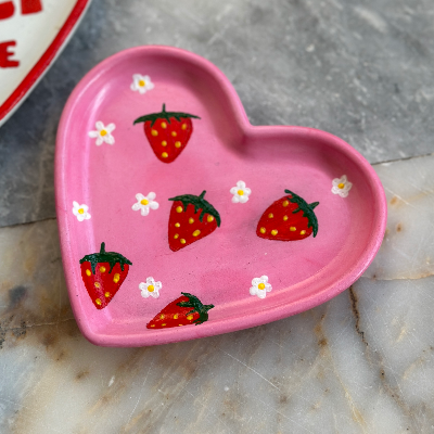 Strawberry Painted Pink Heart Trinket Tray
