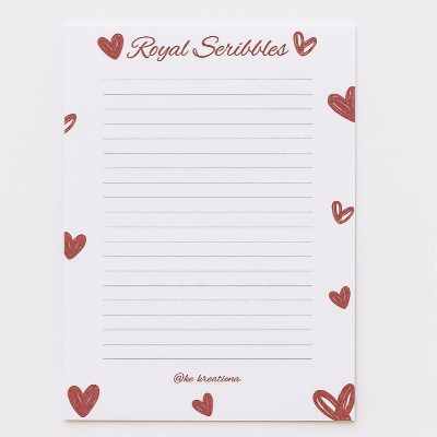 Royal Scribbles – Burgundy A5 Lined Tear-Off Notepad with Hearts, 50 Pages