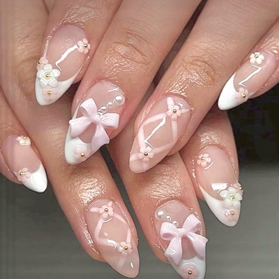 Pink Bow Nails (24 pcs+ application kit)